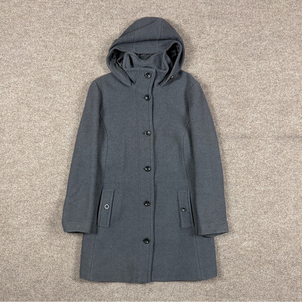 Lands End Grey Wool Hooded Funnel Neck Mid Length Button Front Coat Women’s 20W